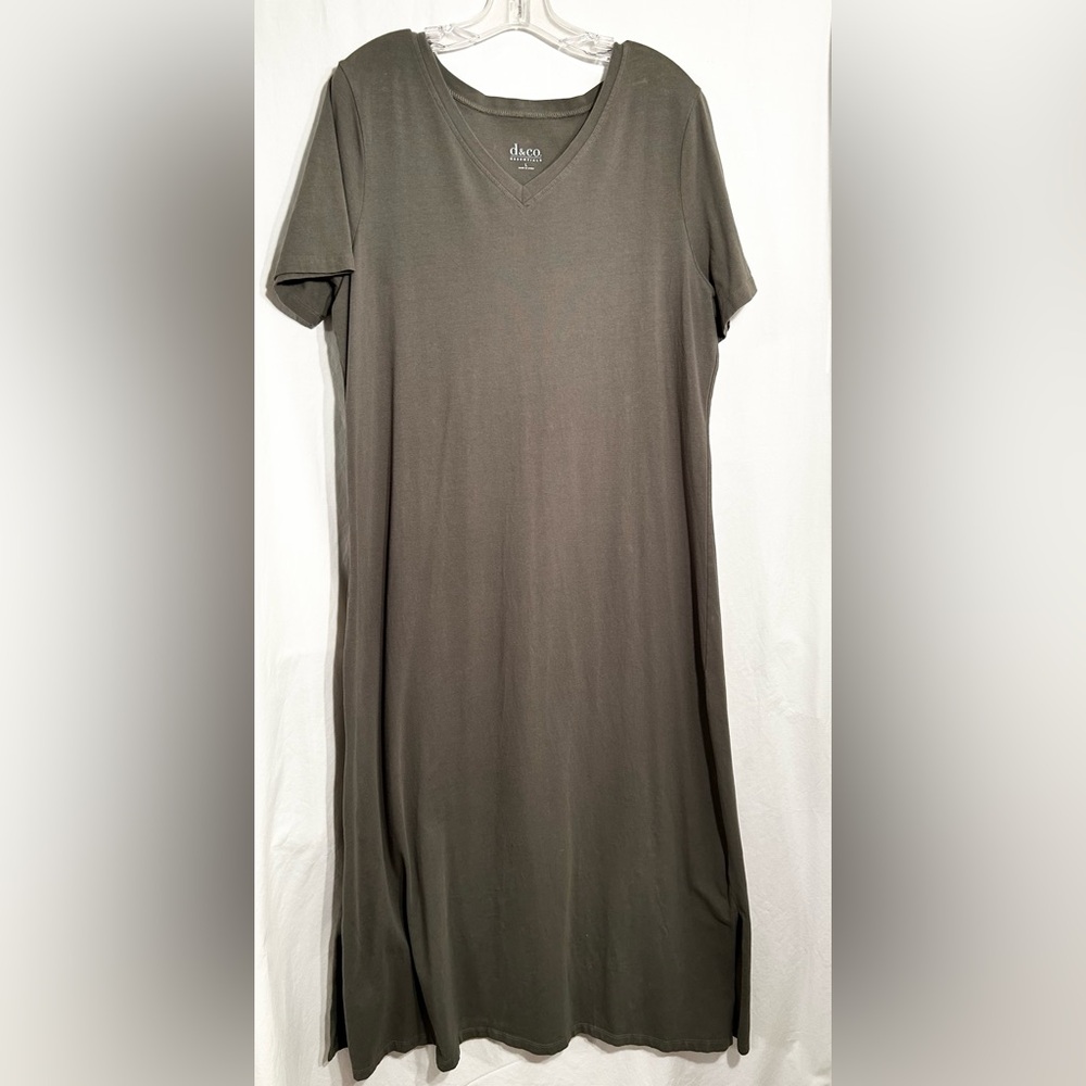 WOMENS LARGE OLIVE GRN D&CO SHRT SLEEVE V-NECK SIDE SPLIT HEM DRESS LOUNGEWEAR